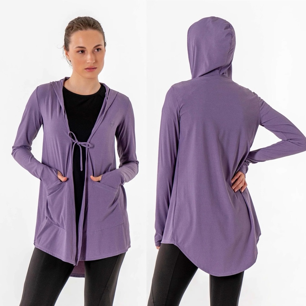 Veil Garments Move It Cardigan Size XL Pockets Tie Front Hooded Modest Wear